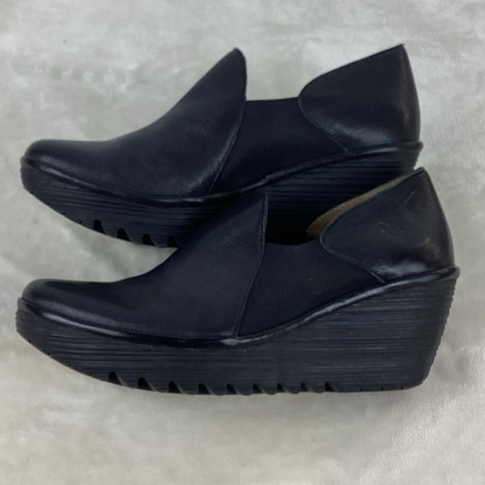 Fly London Black Leather Wedges - Picture 8 of 13